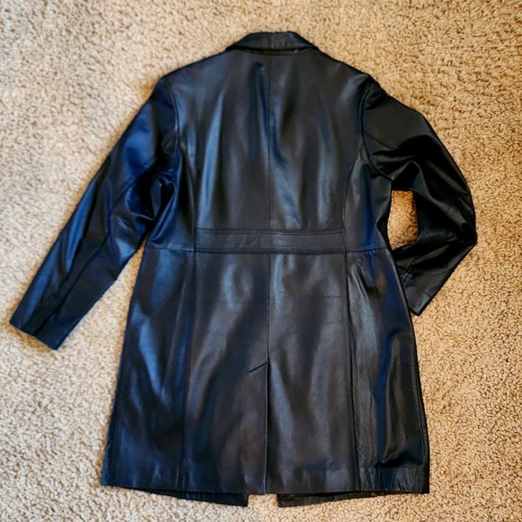 Modern Essentials Black Lambskin Leather Button Front Mid Length Coat Jacket XL - Picture 5 of 10